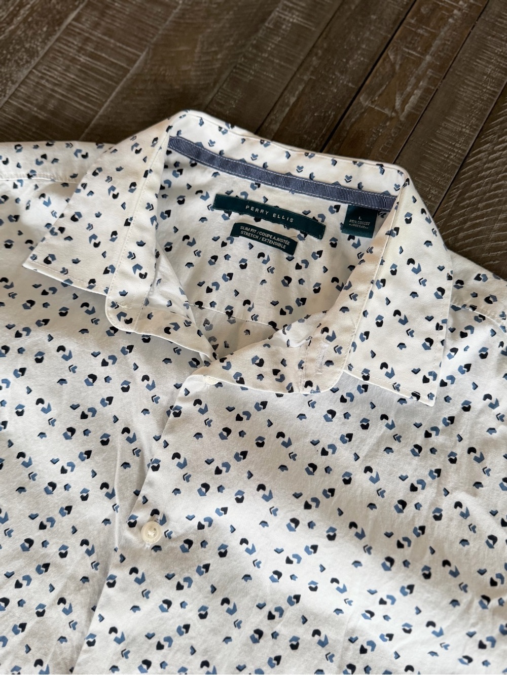 Perry Ellis Cream Button-Down Shirt with Navy Dot Pattern